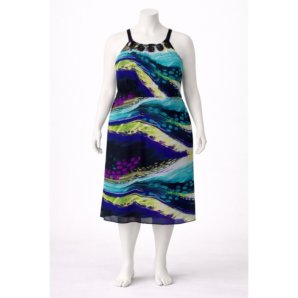 Lane Bryant Abstract Midi Dress Size 24 Plus Multicolor Halter Beaded Boho